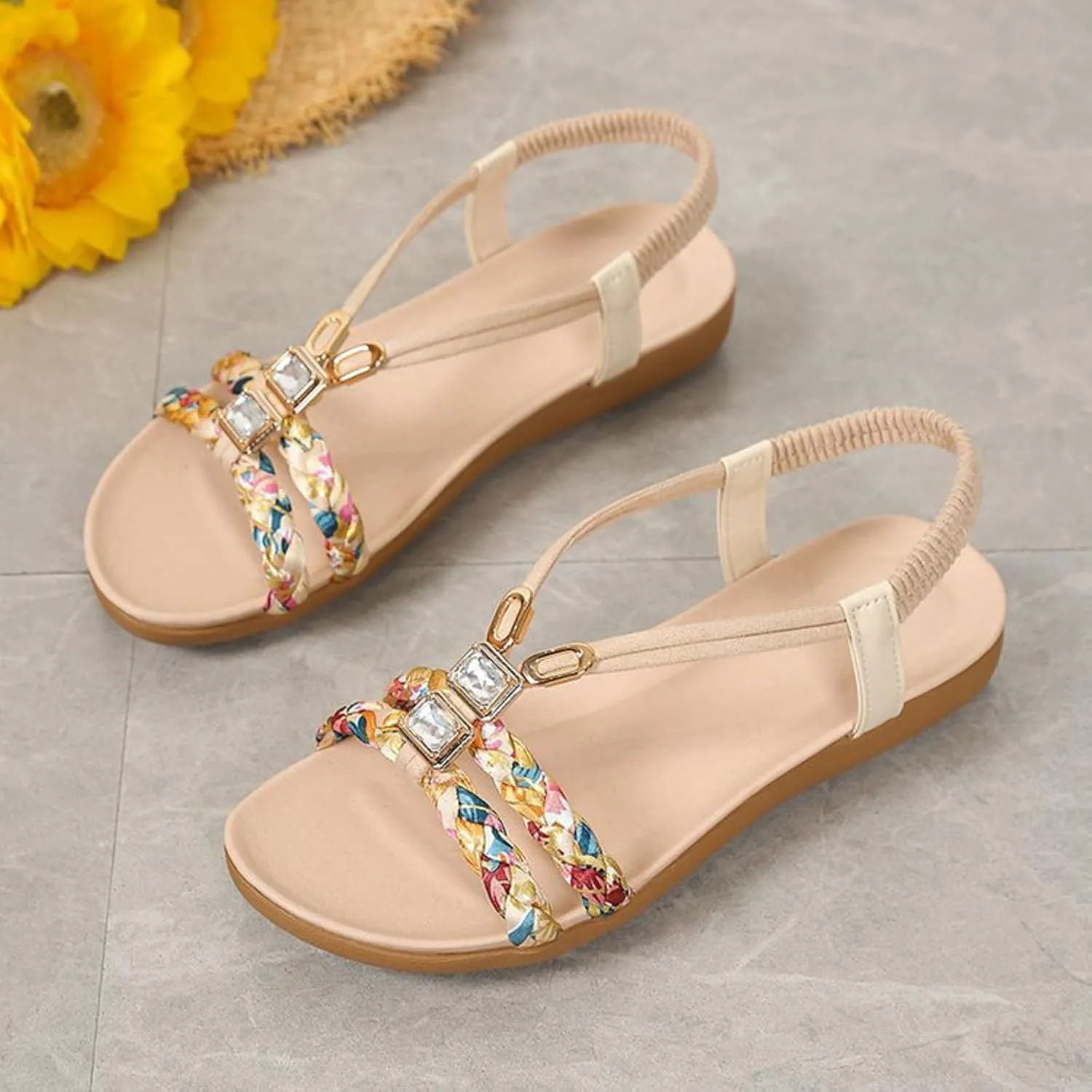 Sandals for Women 2025 Bohemian Beach Sandals Dressy Summer Flat Shoes Sparkly Bling Sandal Flip Flops 2025