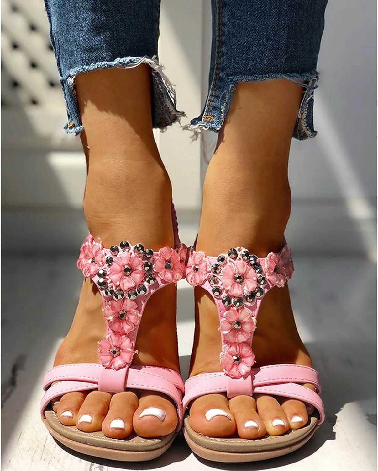 Sandals Women Casual Flower Bohemia Sandals Comfortable Elastic Ankle Strap Sandal Summer Beach Flat Shoes