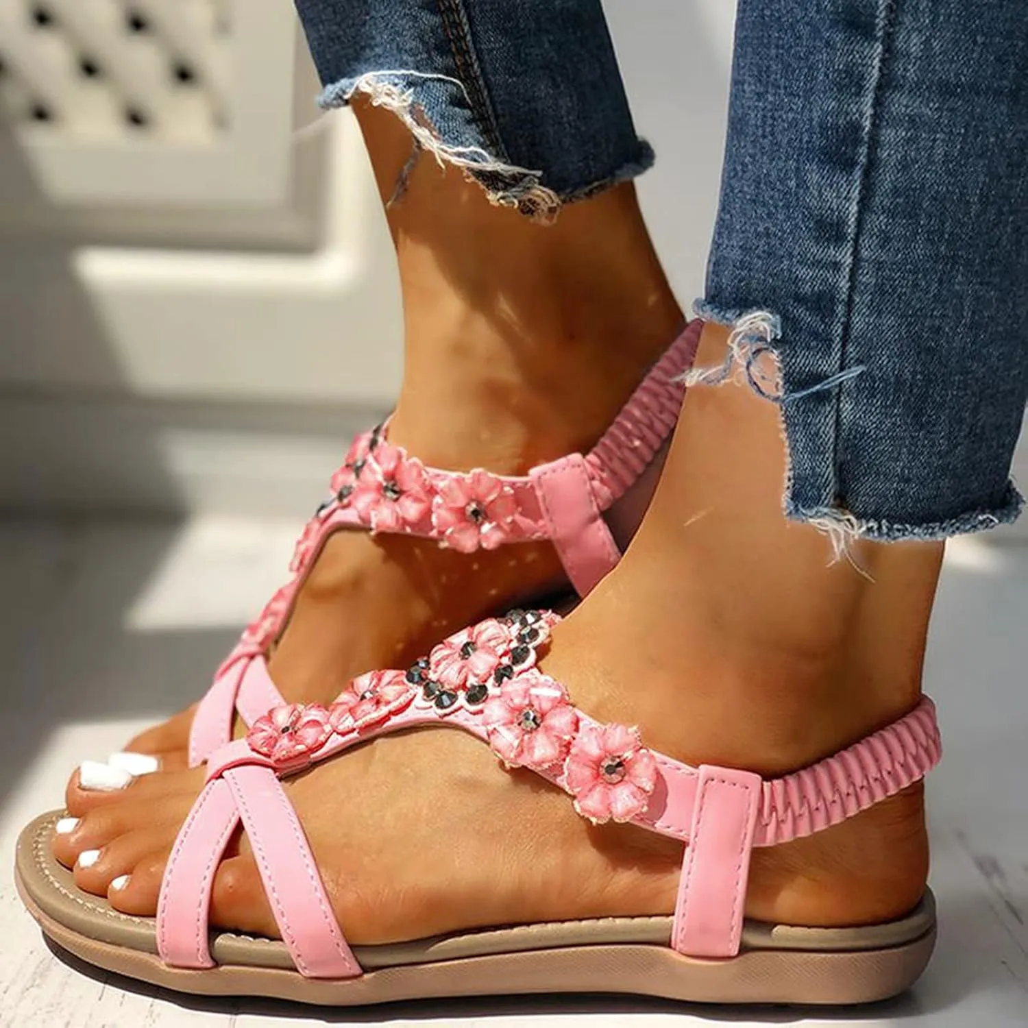 Sandals Women Casual Flower Bohemia Sandals Comfortable Elastic Ankle Strap Sandal Summer Beach Flat Shoes