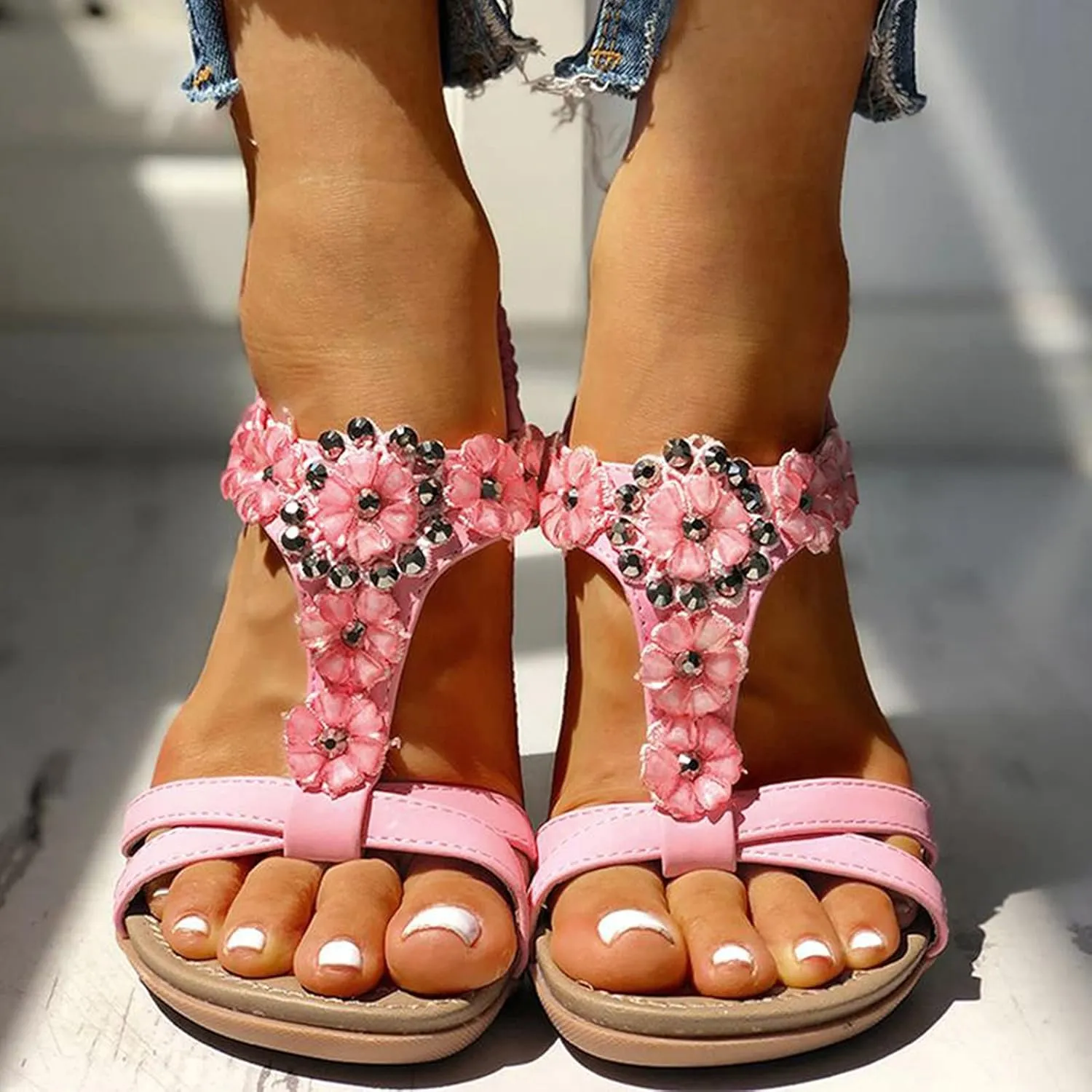 Sandals Women Casual Flower Bohemia Sandals Comfortable Elastic Ankle Strap Sandal Summer Beach Flat Shoes
