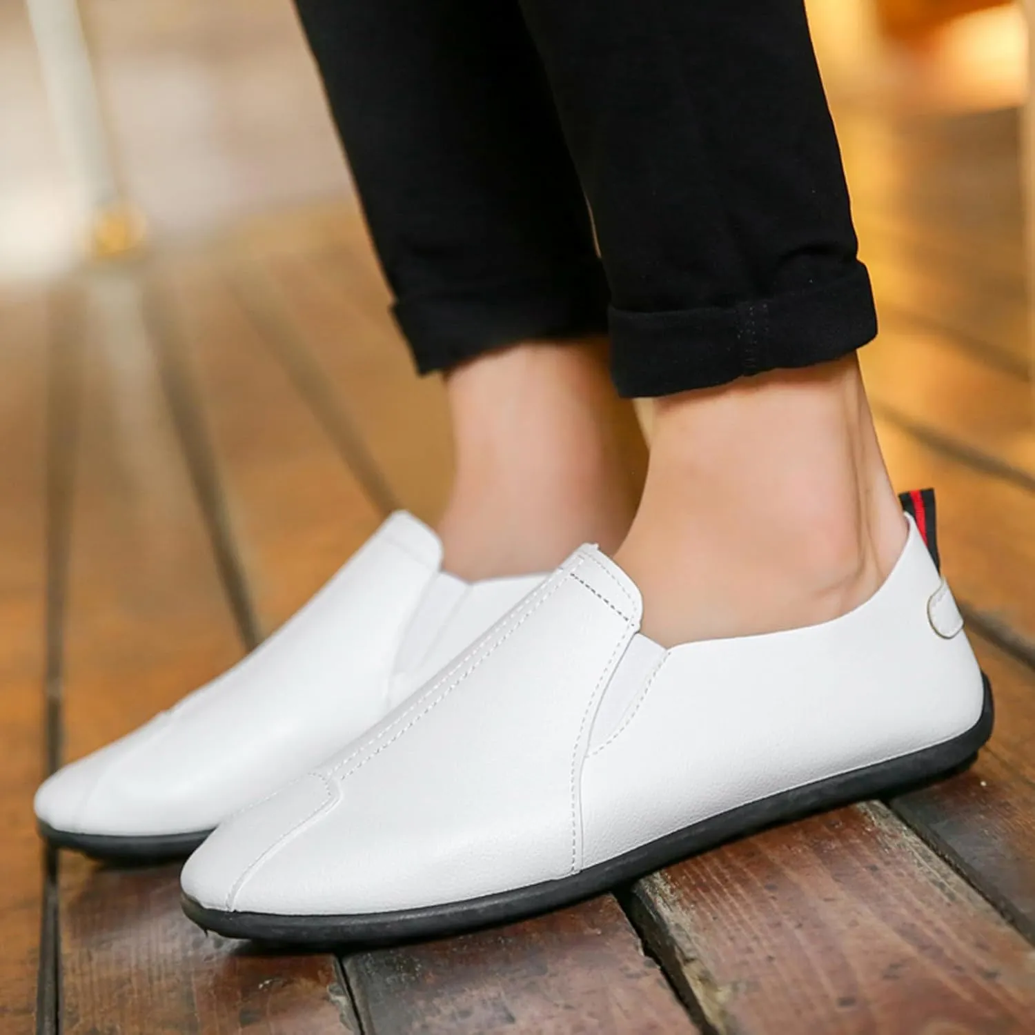 Slip on Walking Shoes for Men PU Leather Comfy Knitted Memory Foam Breathable Mesh Fashion Sneakers Non Slip Arch Support Cushioning Athletic Running Shoes
