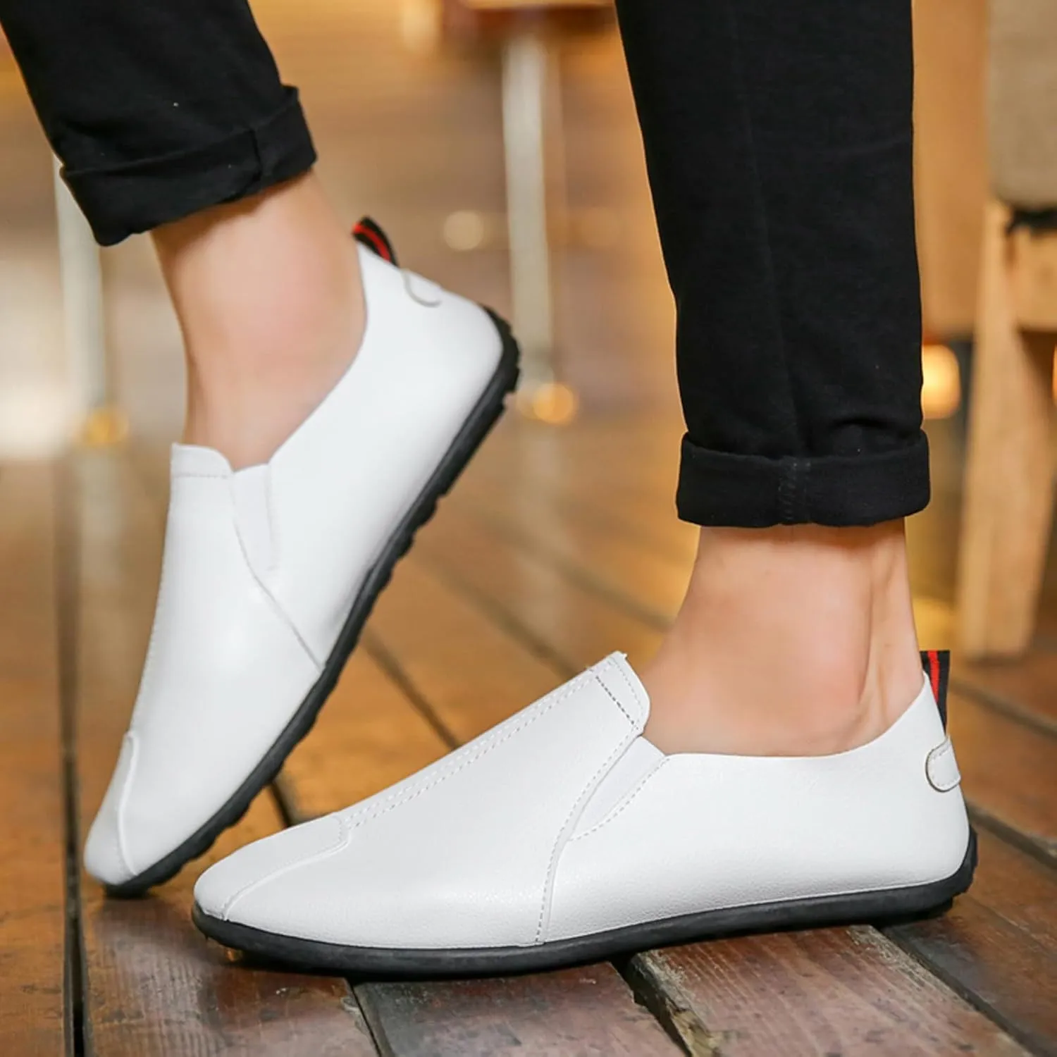 Slip on Walking Shoes for Men PU Leather Comfy Knitted Memory Foam Breathable Mesh Fashion Sneakers Non Slip Arch Support Cushioning Athletic Running Shoes