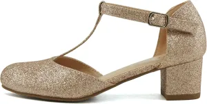 Soda Bluff-2 Kids/Children/Girls Fashion Sparkly Bling Glitter Classic T-Strap Mary Jane Block Heel Rounded Shoes