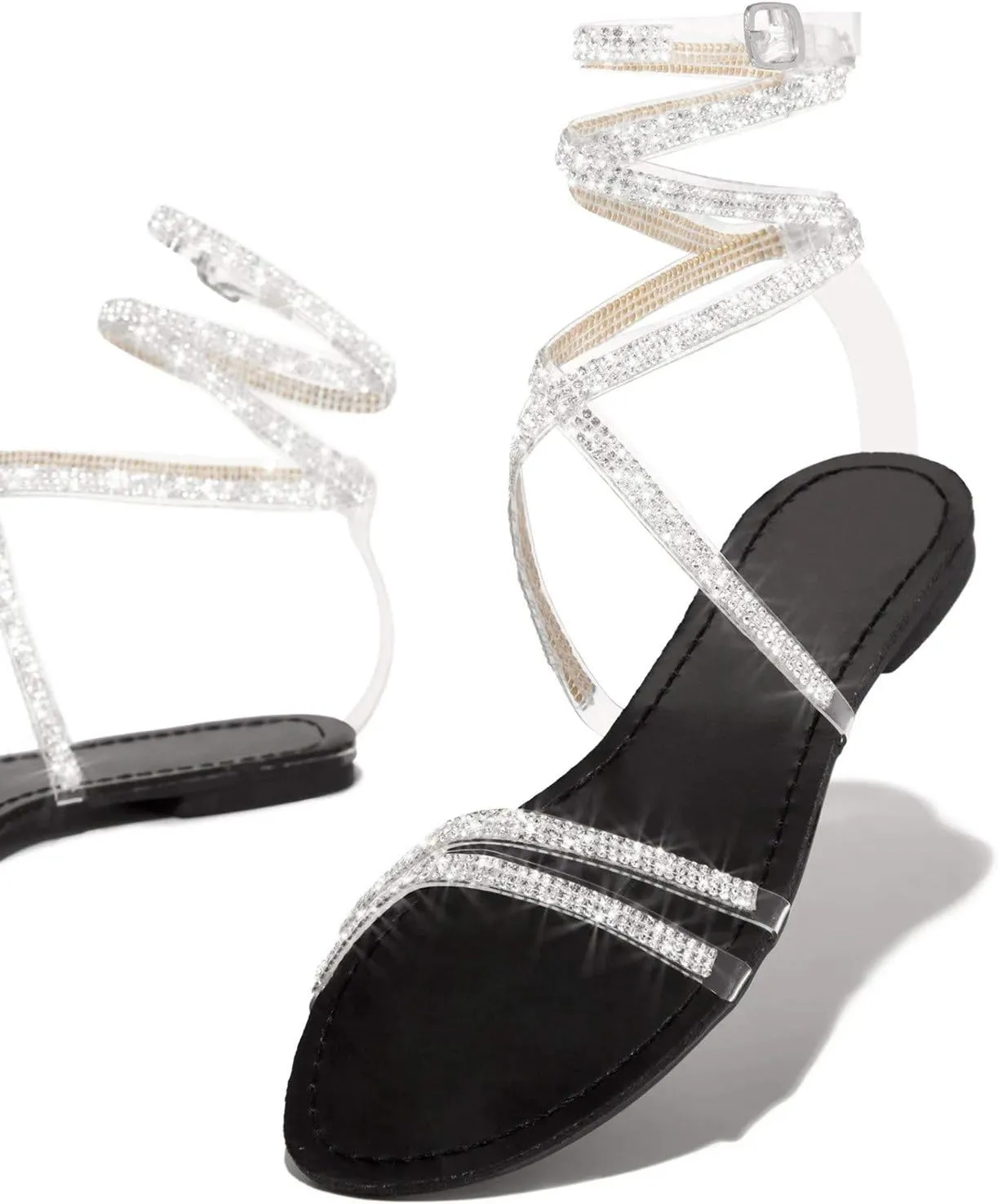 Summer Sandals For Women 2025,Women's Flat Sandals Rhinestone Dressy Womens Low Heel Dress Beach Shoes Open Toe Lace Up Ankle Bohe Crystal Slide Strappy Slip on Sandal for Oceanside Holiday Outdoor