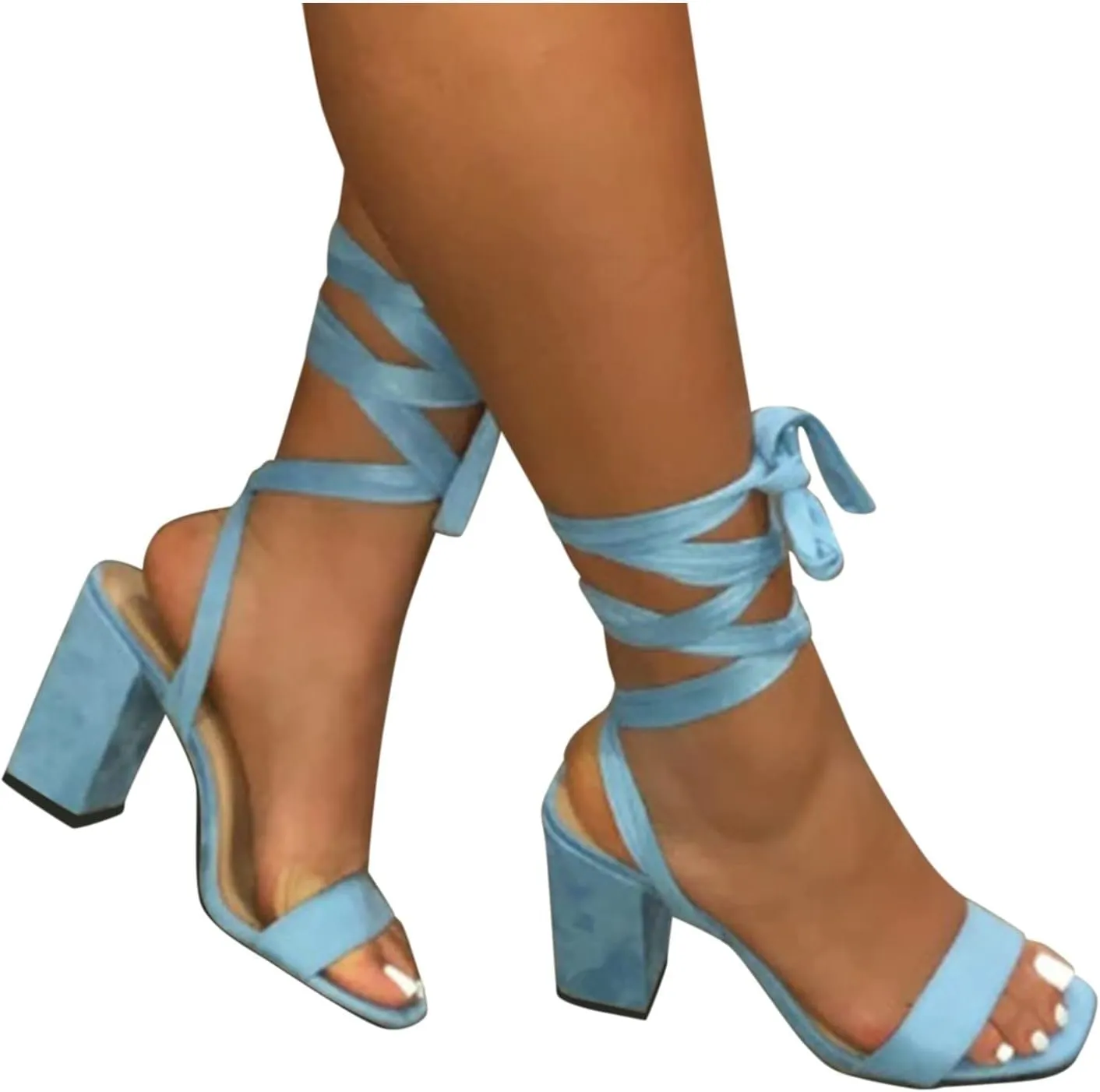 Summer Womens Chunky Heels Sandals Fashion Casual Strappy Lace Up Block High Heel Sandal Solid Color Dressy Comfy Open Toe Ladies Heeled Shoes