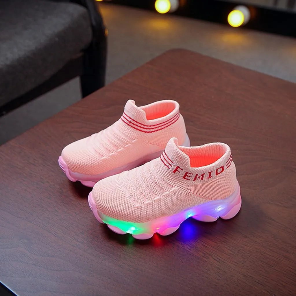 Toddler Girls Lights up Sneakers Sole Non Slip Glitters Sport Sock Shoes Kids Breathable Comfy First Walking Shoes