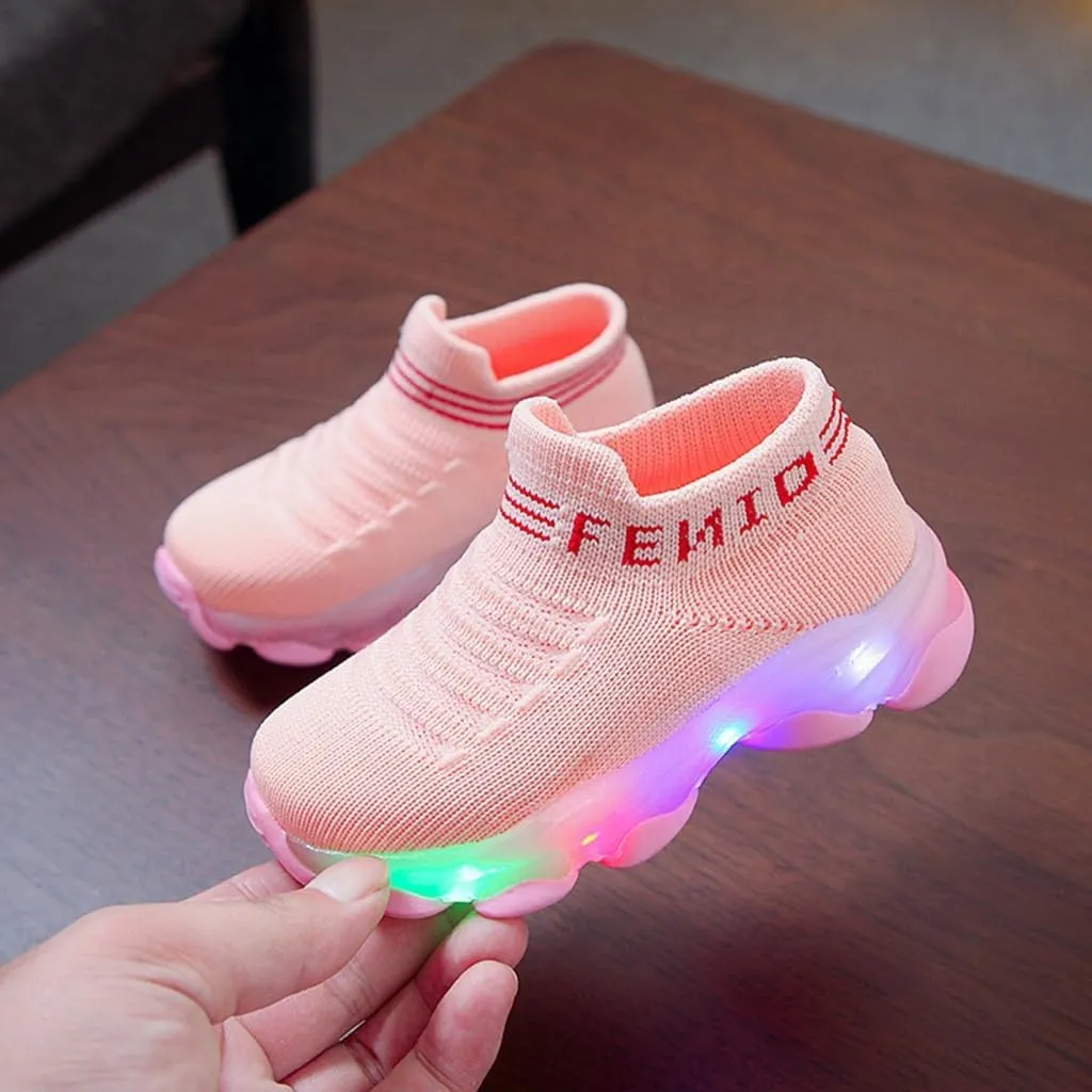 Toddler Girls Lights up Sneakers Sole Non Slip Glitters Sport Sock Shoes Kids Breathable Comfy First Walking Shoes