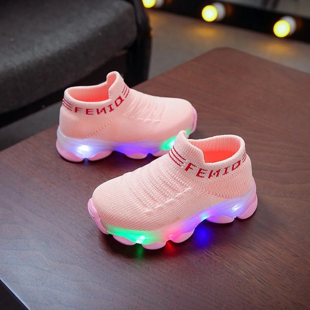 Toddler Girls Lights up Sneakers Sole Non Slip Glitters Sport Sock Shoes Kids Breathable Comfy First Walking Shoes