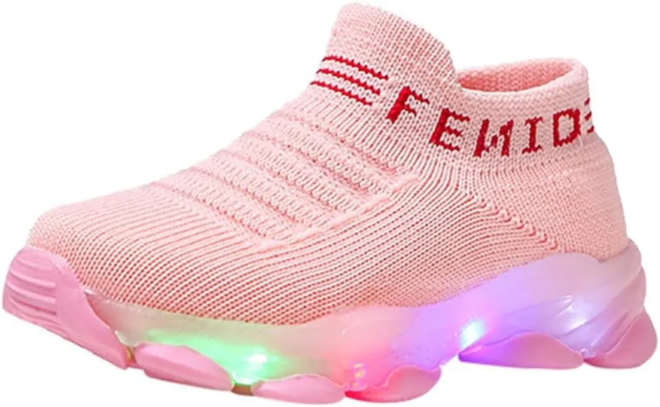 Toddler Girls Lights up Sneakers Sole Non Slip Glitters Sport Sock Shoes Kids Breathable Comfy First Walking Shoes