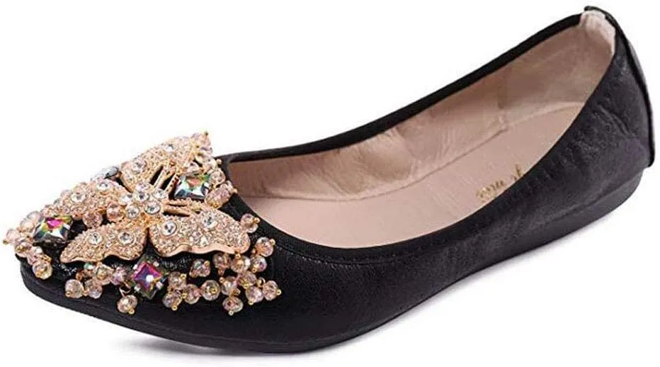 USANDY Women Ballet Flats Rhinestone Wedding Ballerina Shoes Foldable Sparkly Comfort Slip on Flat Shoes