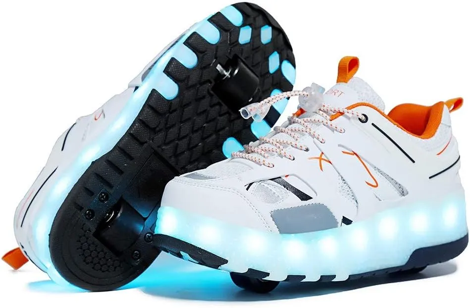 USB Chargable LED Light Up Double Wheeled Roller Skate Sneaker Wheelies Shoes for Boys Girls Kids Birthday Thanksgiving Christmas Day Best GiftWhite-USA 7