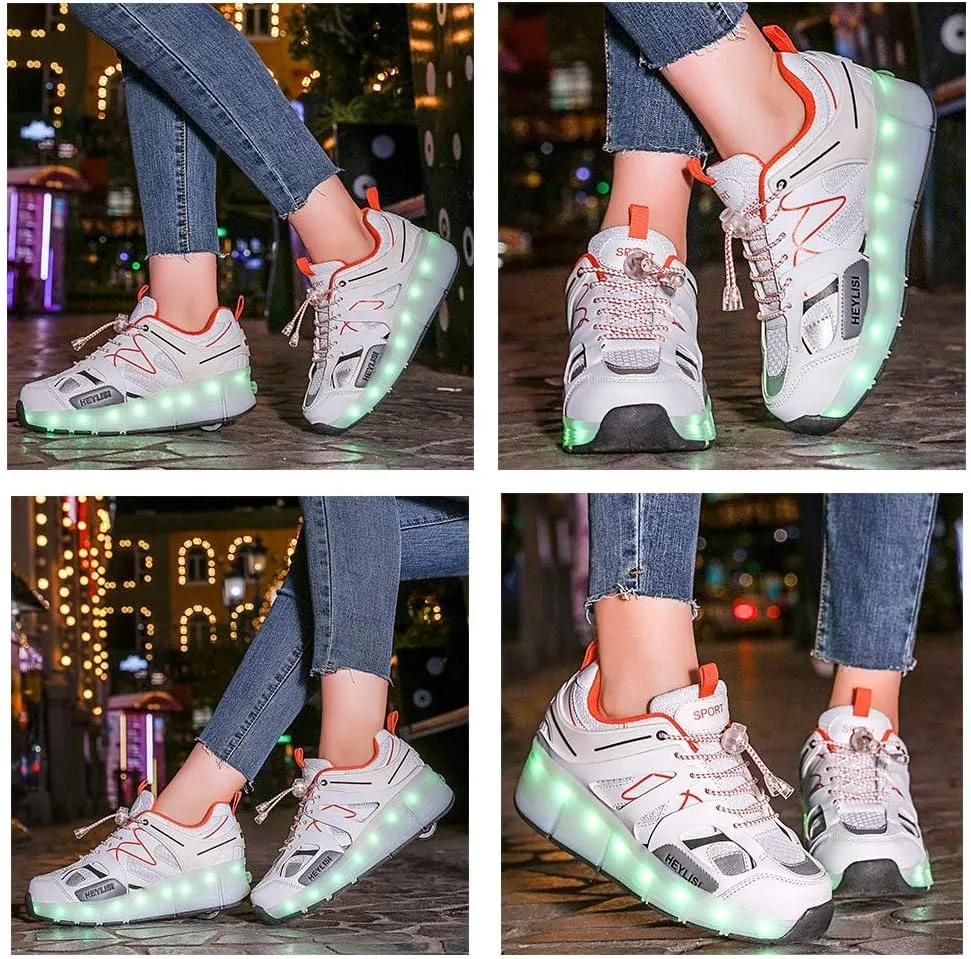 USB Chargable LED Light Up Double Wheeled Roller Skate Sneaker Wheelies Shoes for Boys Girls Kids Birthday Thanksgiving Christmas Day Best GiftWhite-USA 7