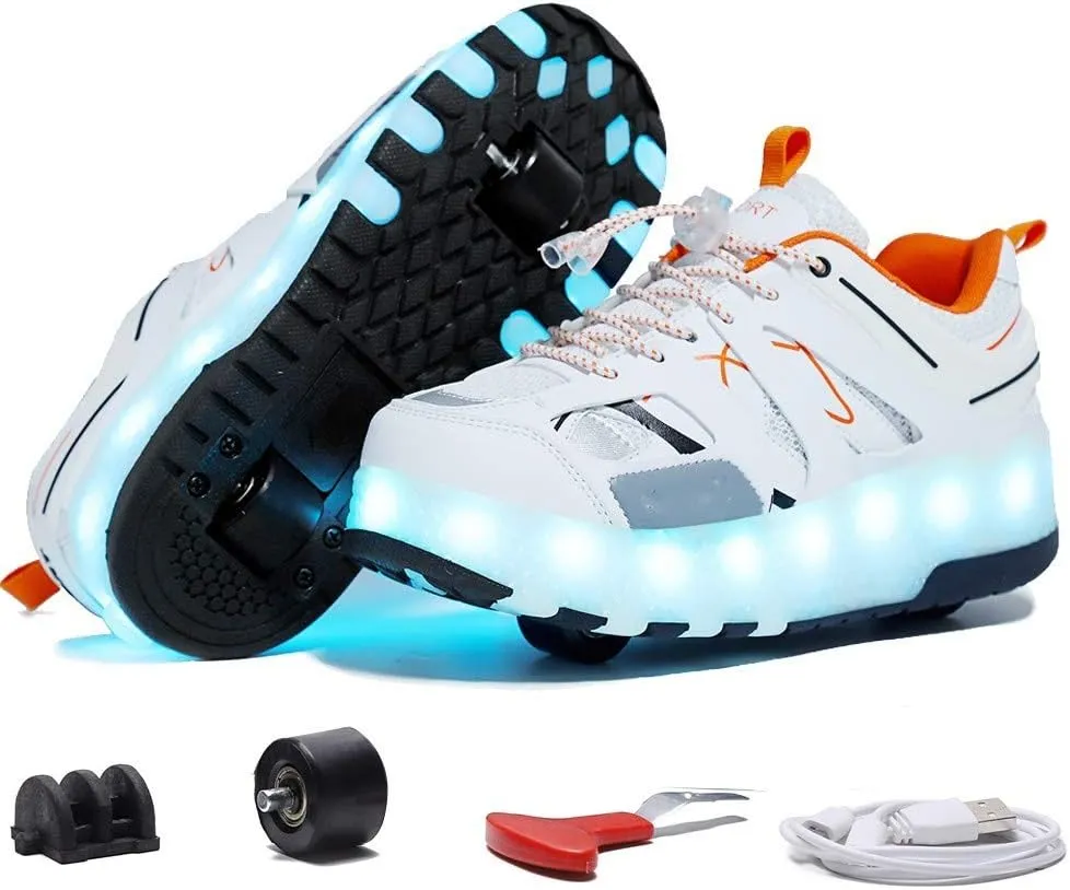 USB Chargable LED Light Up Double Wheeled Roller Skate Sneaker Wheelies Shoes for Boys Girls Kids Birthday Thanksgiving Christmas Day Best GiftWhite-USA 7