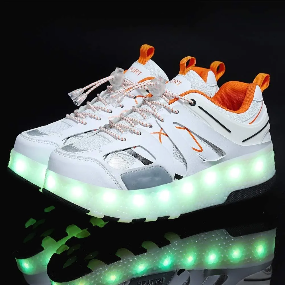 USB Chargable LED Light Up Double Wheeled Roller Skate Sneaker Wheelies Shoes for Boys Girls Kids Birthday Thanksgiving Christmas Day Best GiftWhite-USA 7