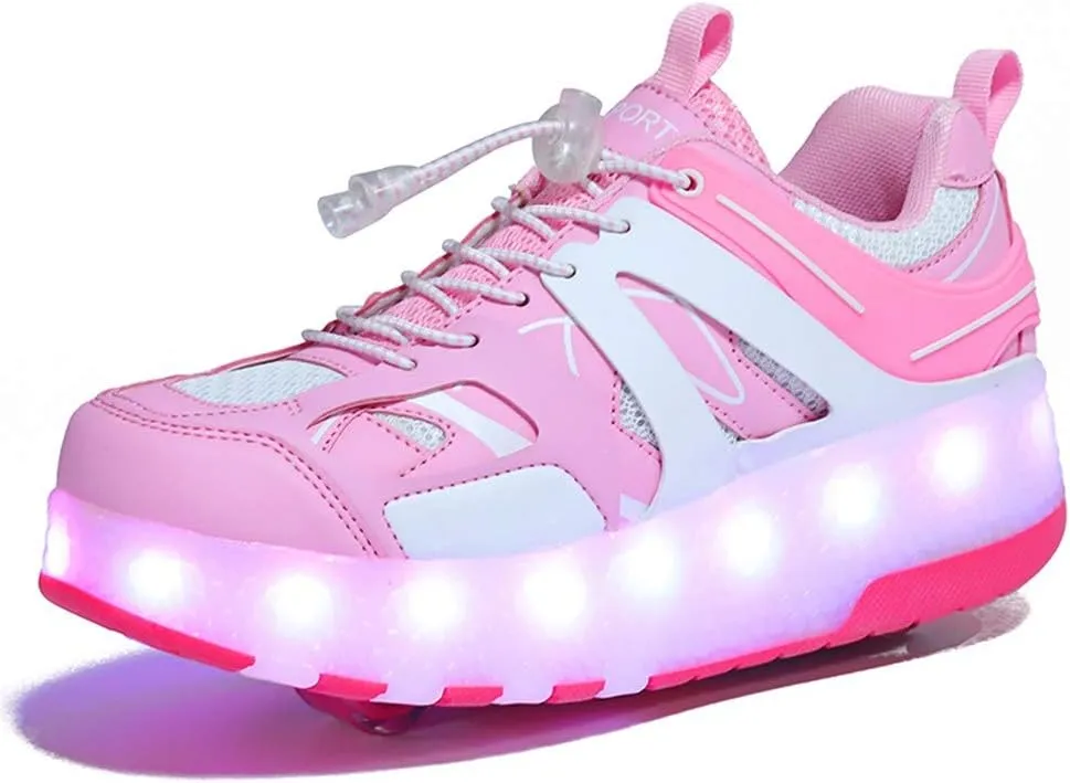 USB Chargable Roller Shoes for Girls Boys Kids Dual Wheel Led Blinking Skate Sneaker Shoes Skating Beginners The Best Gifts for Halloween ThanksgivingPink-USA 8