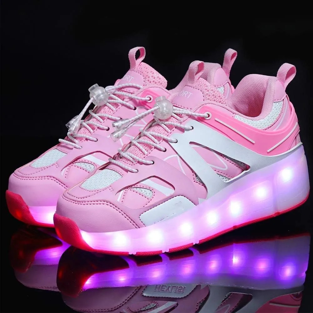 USB Chargable Roller Shoes for Girls Boys Kids Dual Wheel Led Blinking Skate Sneaker Shoes Skating Beginners The Best Gifts for Halloween ThanksgivingPink-USA 8