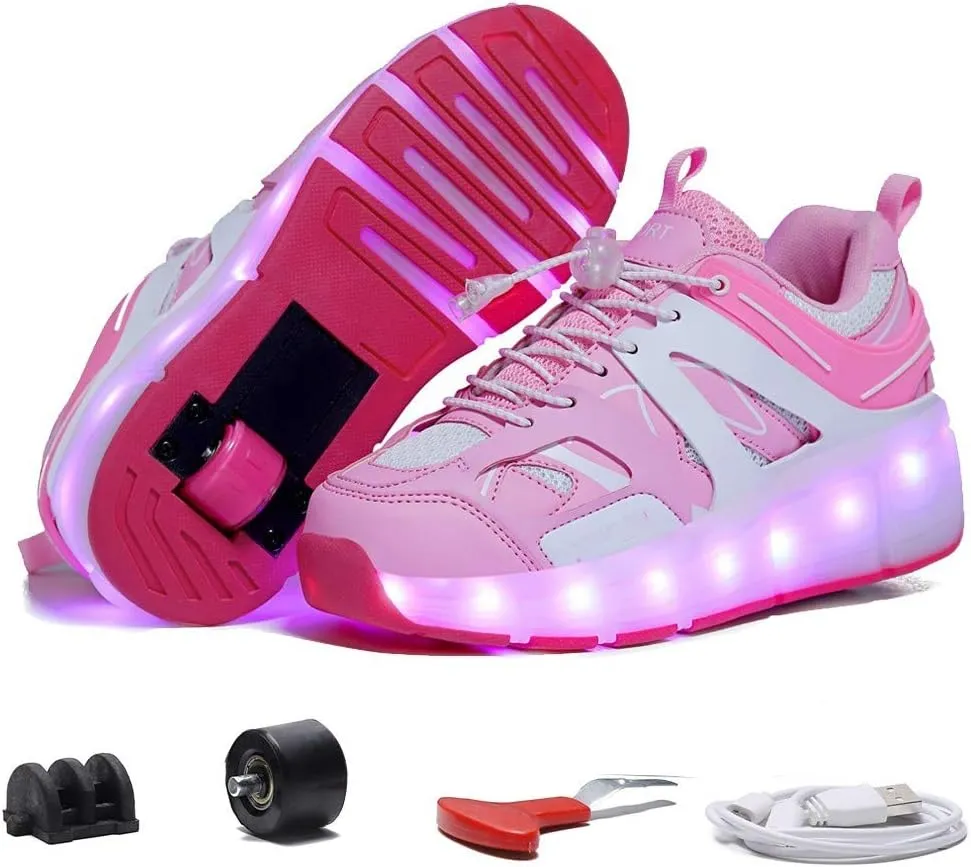 USB Chargable Roller Shoes for Girls Boys Kids Dual Wheel Led Blinking Skate Sneaker Shoes Skating Beginners The Best Gifts for Halloween ThanksgivingPink-USA 8