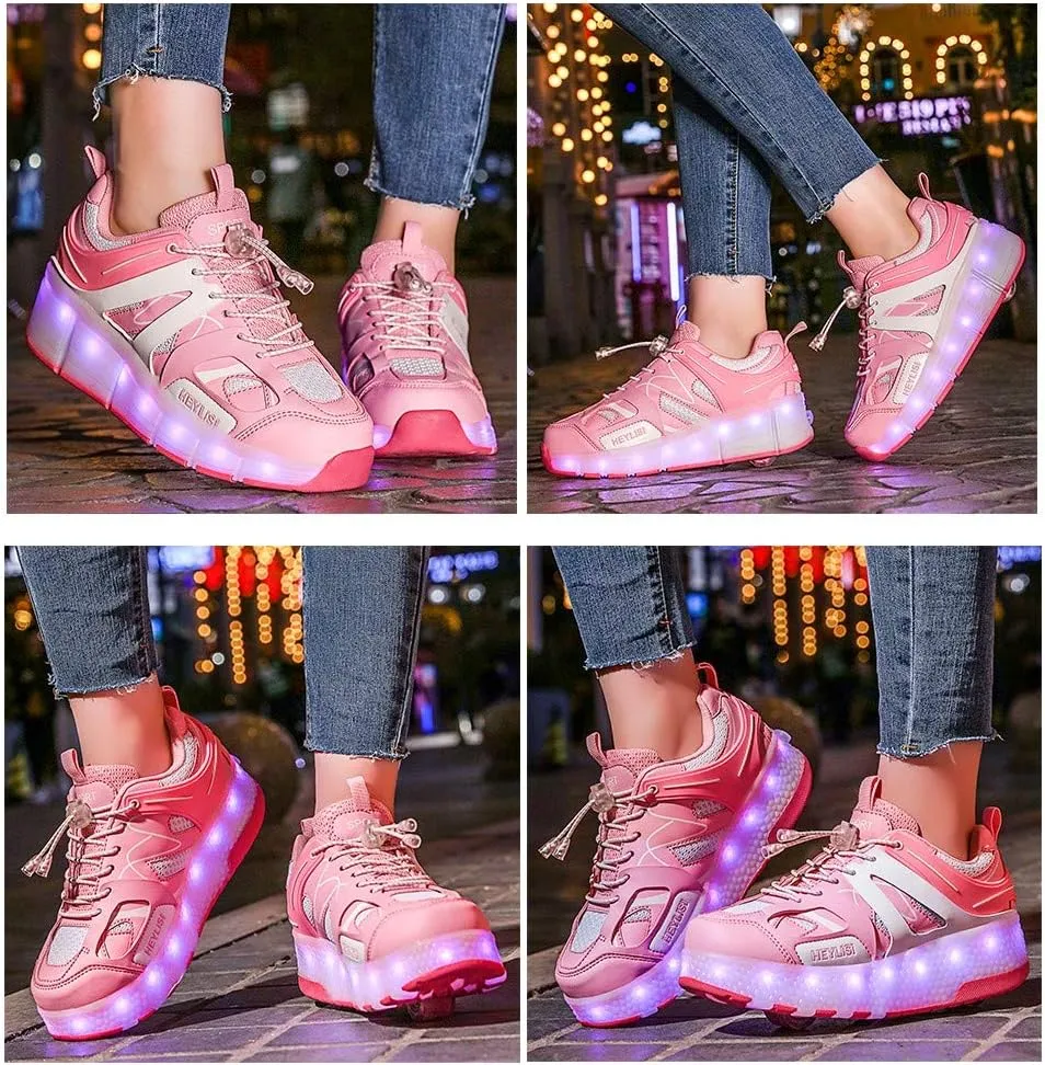 USB Chargable Roller Shoes for Girls Boys Kids Dual Wheel Led Blinking Skate Sneaker Shoes Skating Beginners The Best Gifts for Halloween ThanksgivingPink-USA 8