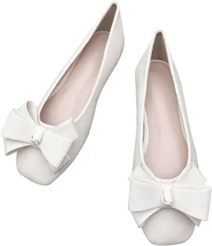 WENJIAZHIZHI Square Toe Bow Flats for Women Solid Color Low-Heel Slip-ons Cozy Soft Office Lady Dress Shoes