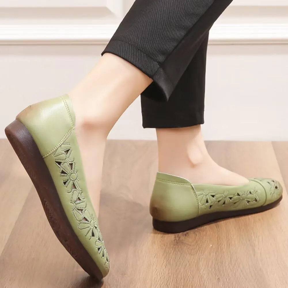 WENJIAZHIZHI Women's Comfortable Loafers Casual Square Toe Moccasins Hollow Breathable Driving Flats Soft Walking Shoes Women Slip On