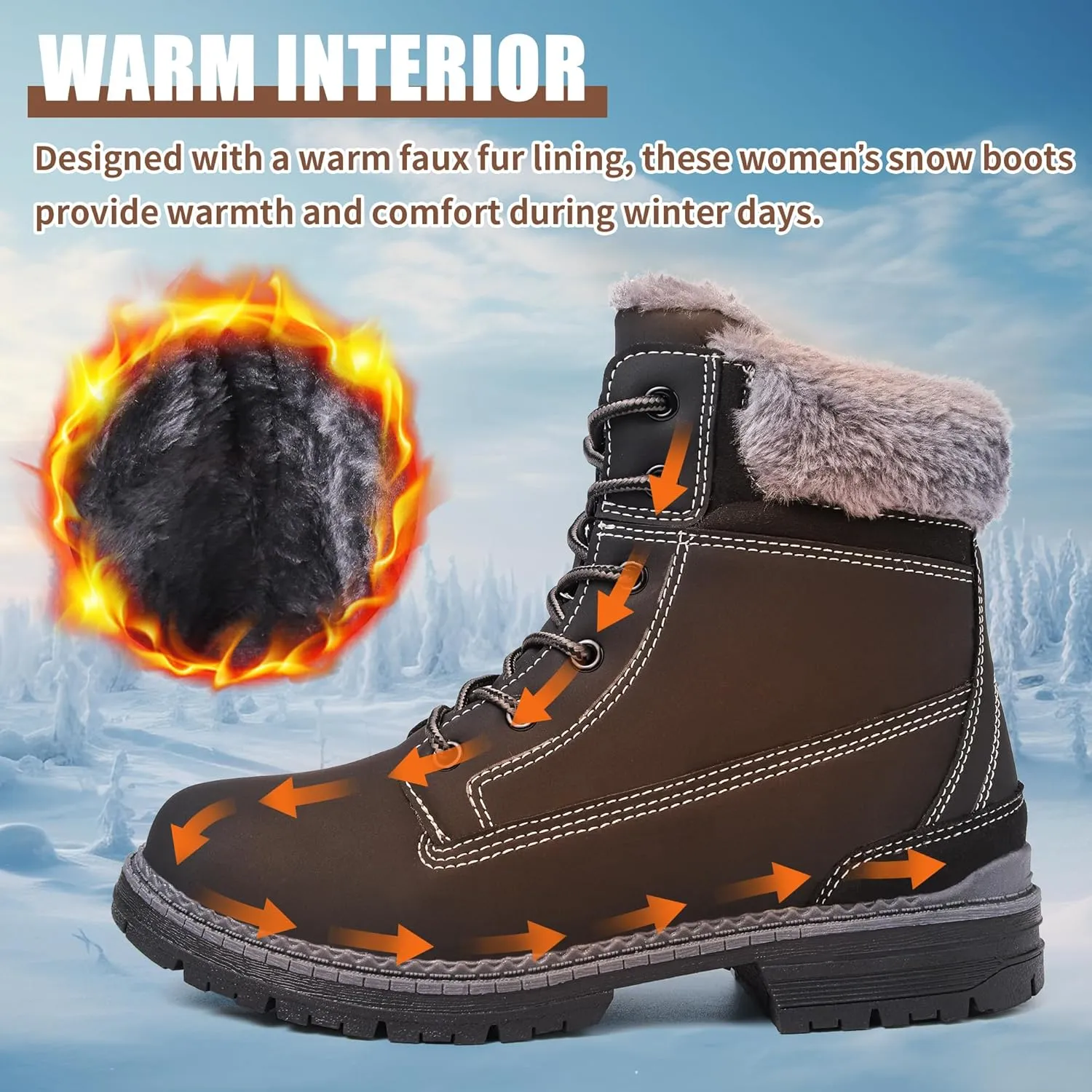 Winter Boots for Women Snow Boots Waterproof Fur Lined Warm Hiking Boots Ladies Lace Up Walking Boots Anti-Slip Lightweight Outdoor Ankle Boots