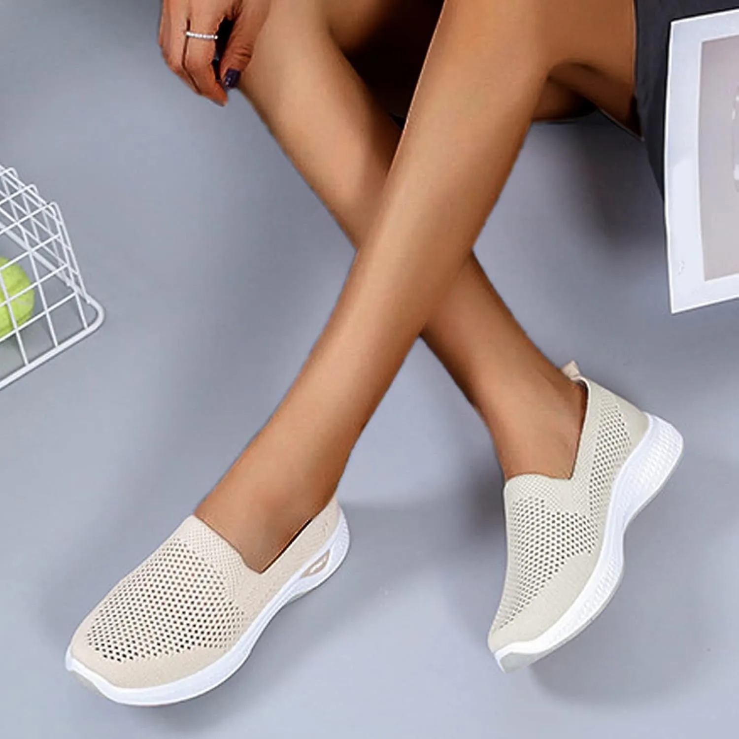 Women Breathable Slip On Sneakers Casual Walking Shoes Lightweight Canvas Comfortable Flats Non Slip Loafers