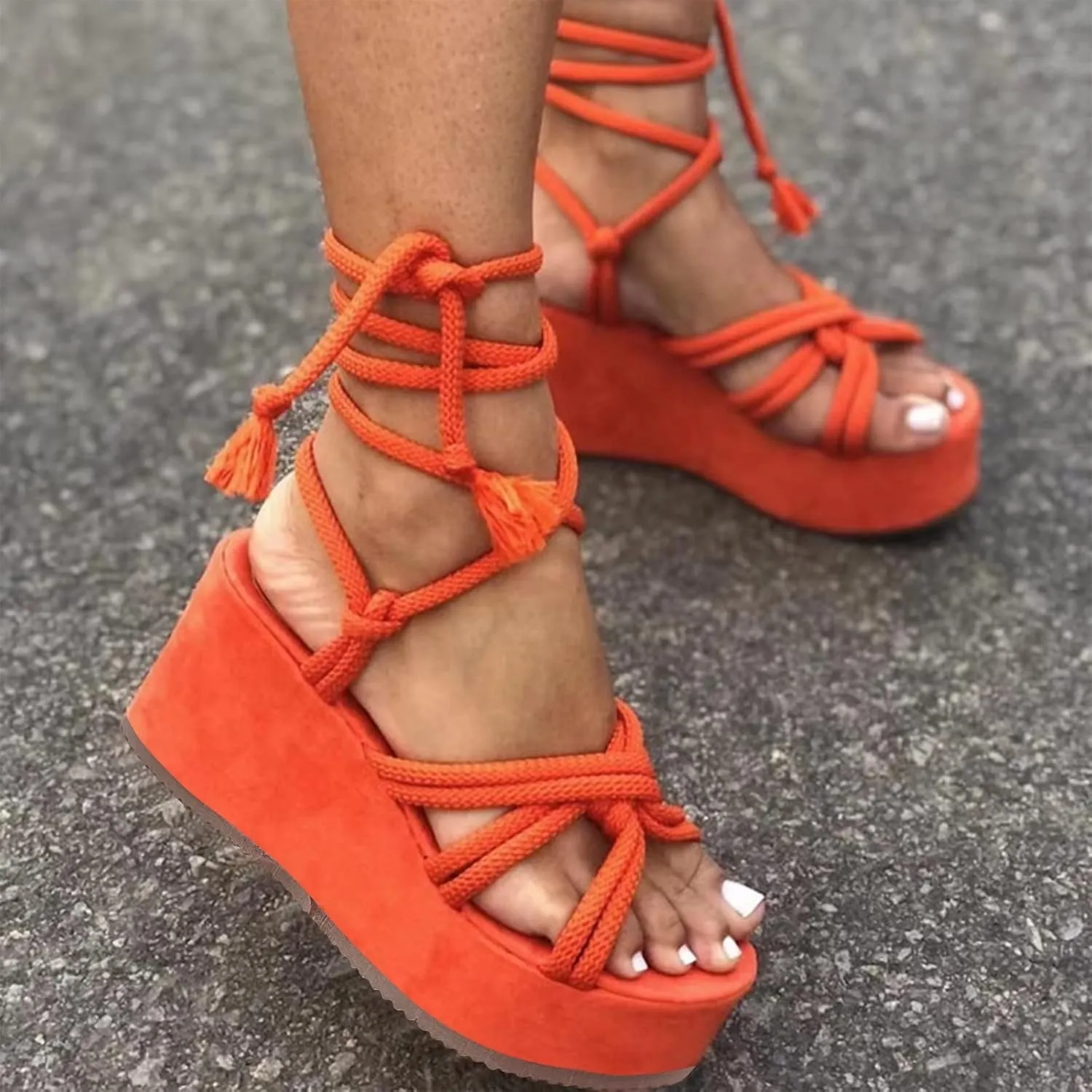 Women Platform Sandals Lace-up Wedge Sandals Casual Open Toe Shoes Summer Strappy Sandals (Orange, 8)