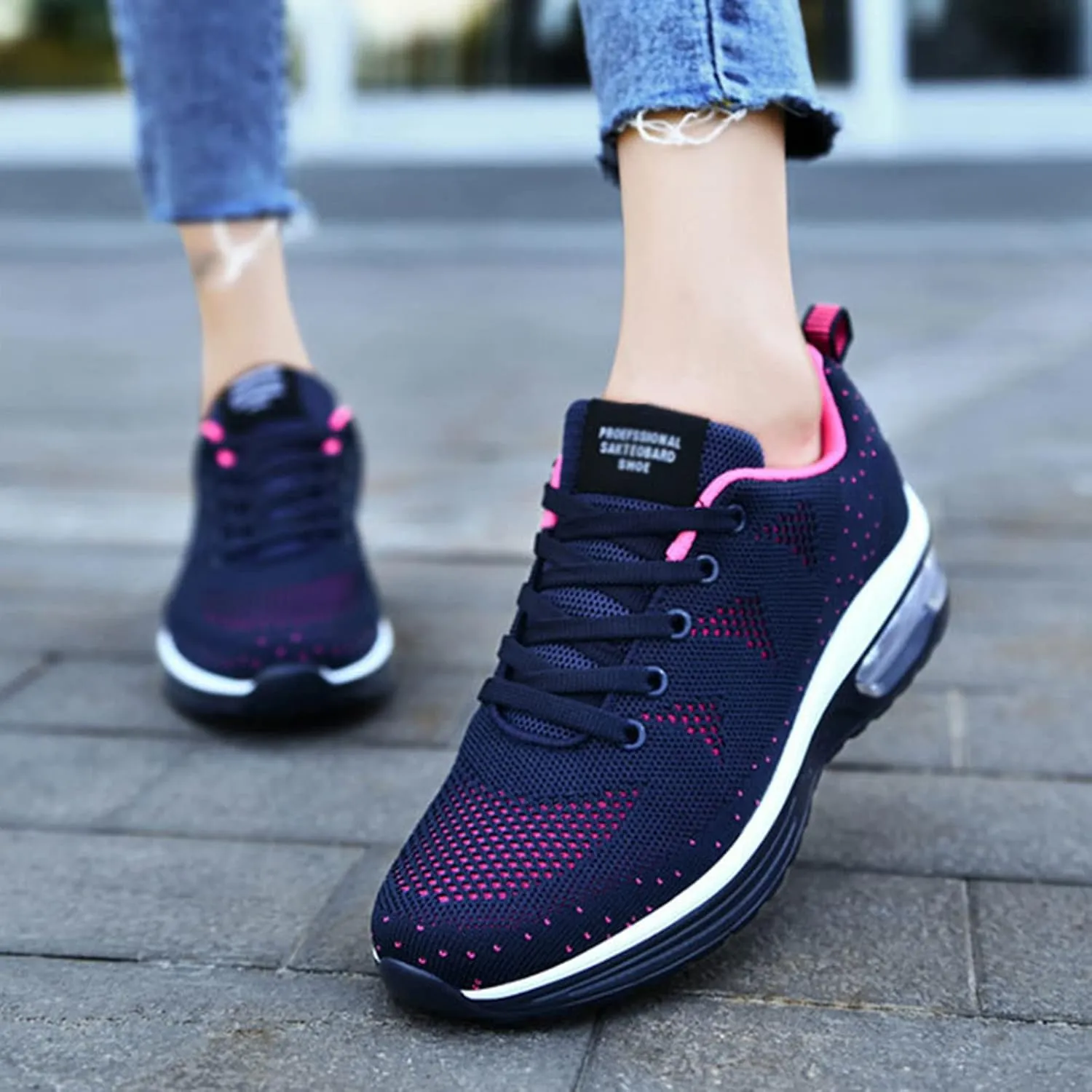 Women Trainers Walking Shoes Breathable Slip On Running Shoes Sport Outdoor Fitness Tennis Jogging Sneakers Spring Knitted Air Cushion Casual Lightweight Traveling Running Shoes