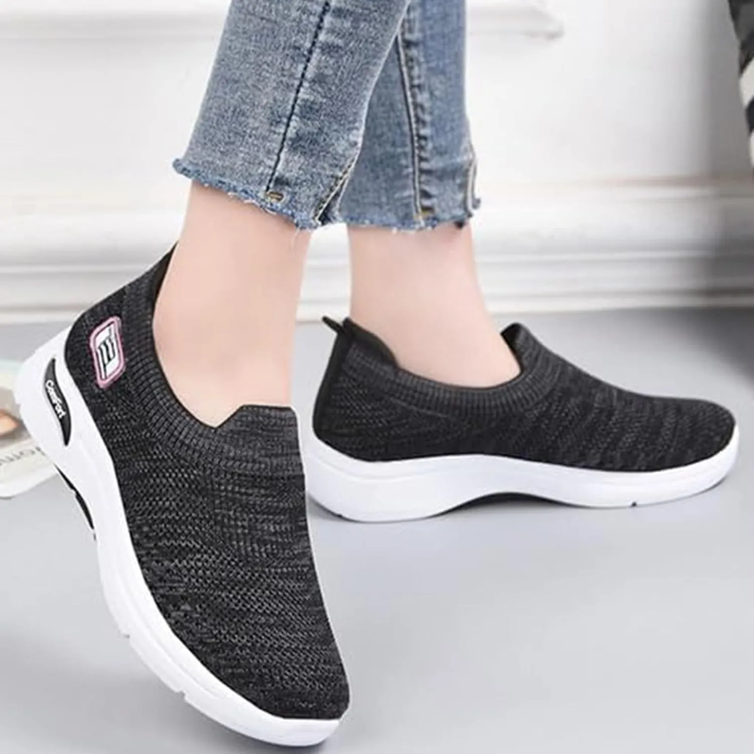 Women's Athletic Walking Shoes Comfort Lightweight Breathable Sock Shoe Arch Support Non Slip Work Shoes Breathable Knit Upper Lightweight for Plantar Fasciitis, Air Cushion Running, Work Shoe
