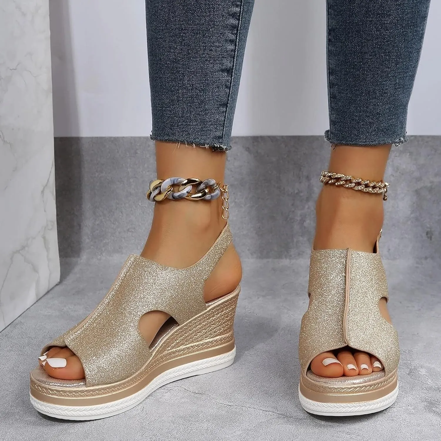 Womens Espadrille Wedge Sandals Open Toe Platform Fish Mouth Silver Ankle Strap Slingback Summer Dress Shoes Summer Close Toe