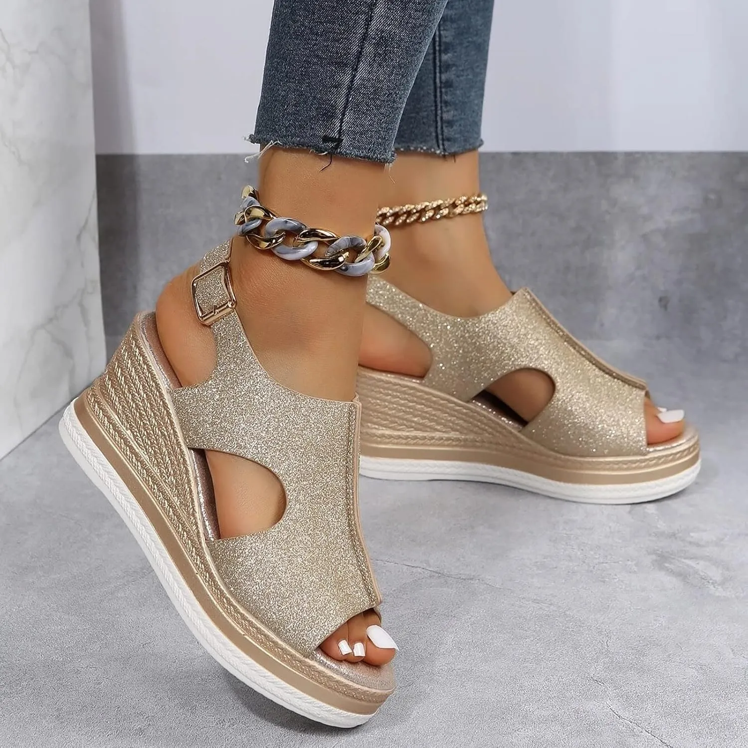 Womens Espadrille Wedge Sandals Open Toe Platform Fish Mouth Silver Ankle Strap Slingback Summer Dress Shoes Summer Close Toe