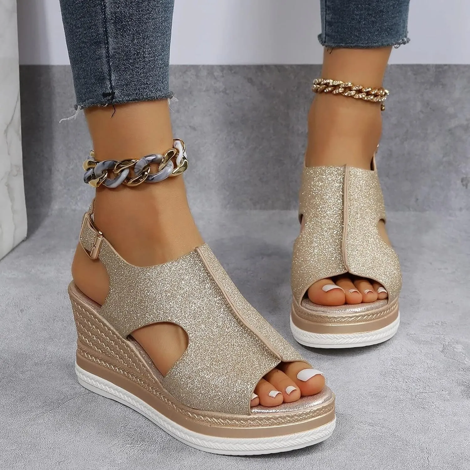 Womens Espadrille Wedge Sandals Open Toe Platform Fish Mouth Silver Ankle Strap Slingback Summer Dress Shoes Summer Close Toe