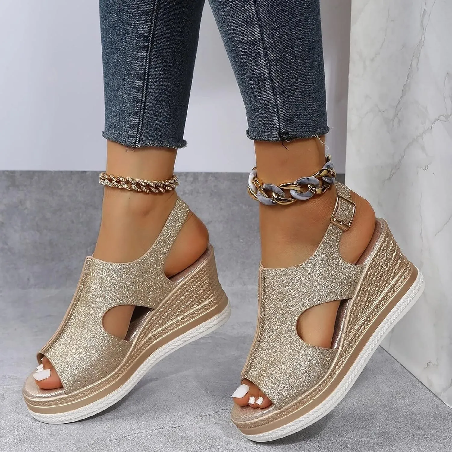 Womens Espadrille Wedge Sandals Open Toe Platform Fish Mouth Silver Ankle Strap Slingback Summer Dress Shoes Summer Close Toe