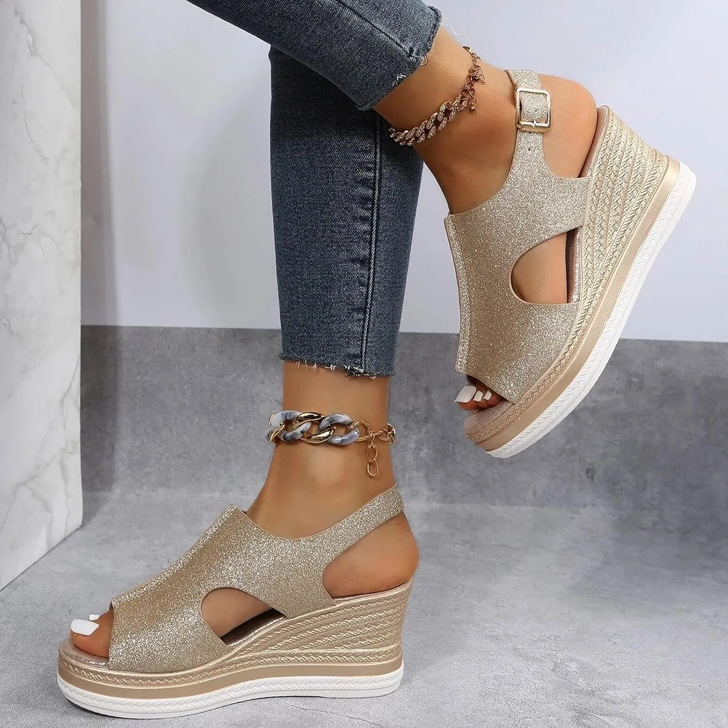 Womens Espadrille Wedge Sandals Open Toe Platform Fish Mouth Silver Ankle Strap Slingback Summer Dress Shoes Summer Close Toe