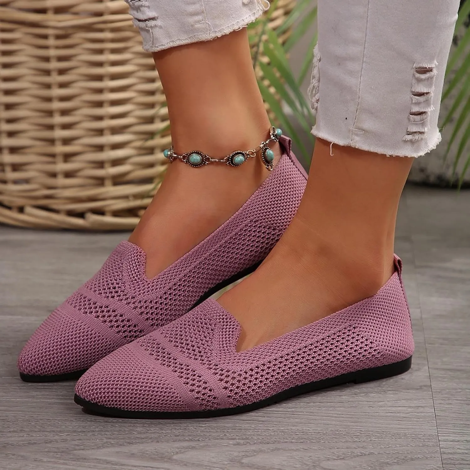 Women's Fly Weave Flat Shoes Pointed Toe Fashion Single Shoes Mesh Breathable Shoes Casual Shopping Flat Shoes