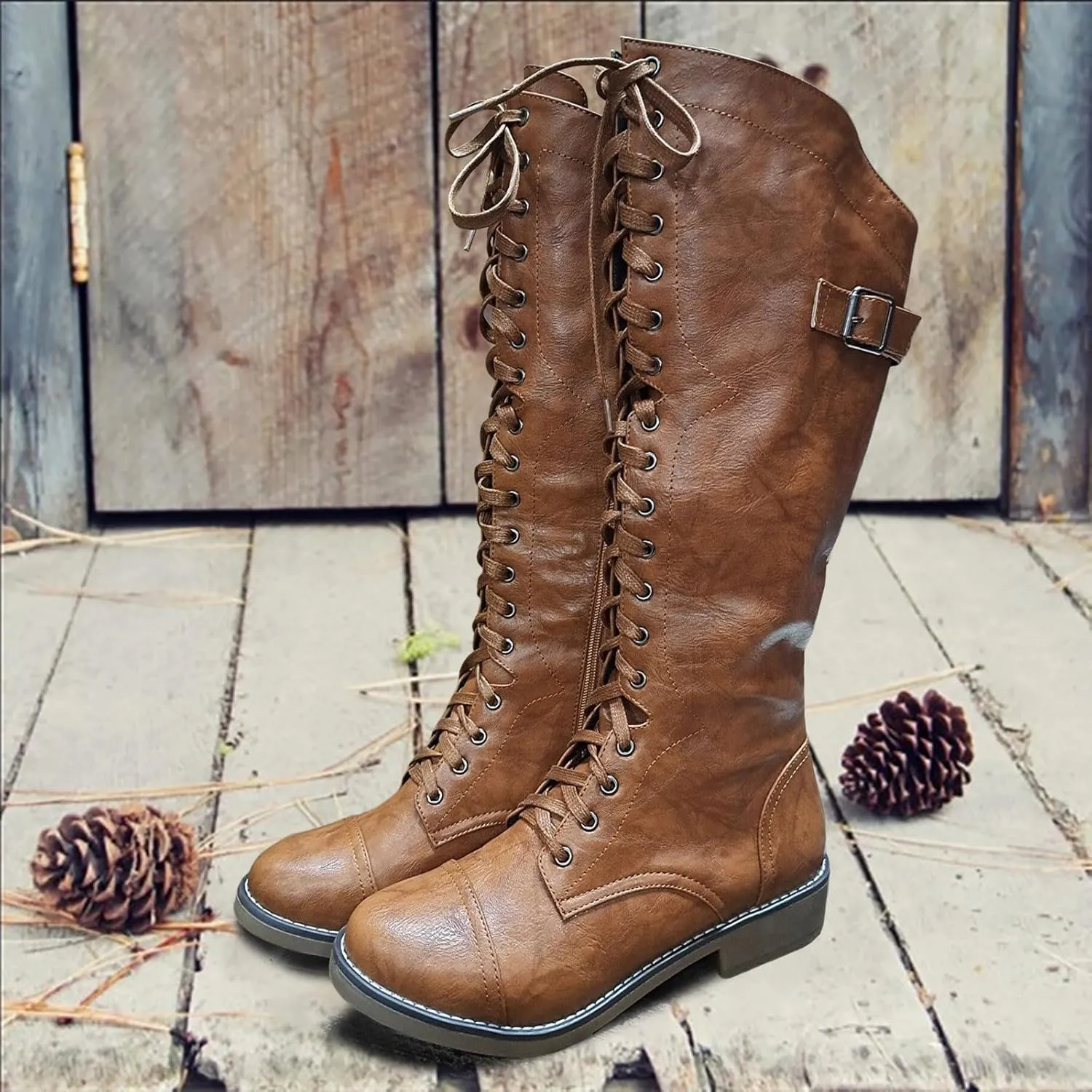 Womens Knee High Chunky Heel Boots Faux Suede Round Toe Side Zipper Boots Western Chunky Cowboy Knee High Side Zipper Pull