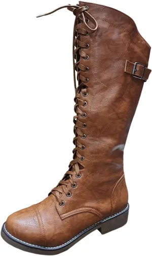 Womens Knee High Chunky Heel Boots Faux Suede Round Toe Side Zipper Boots Western Chunky Cowboy Knee High Side Zipper Pull