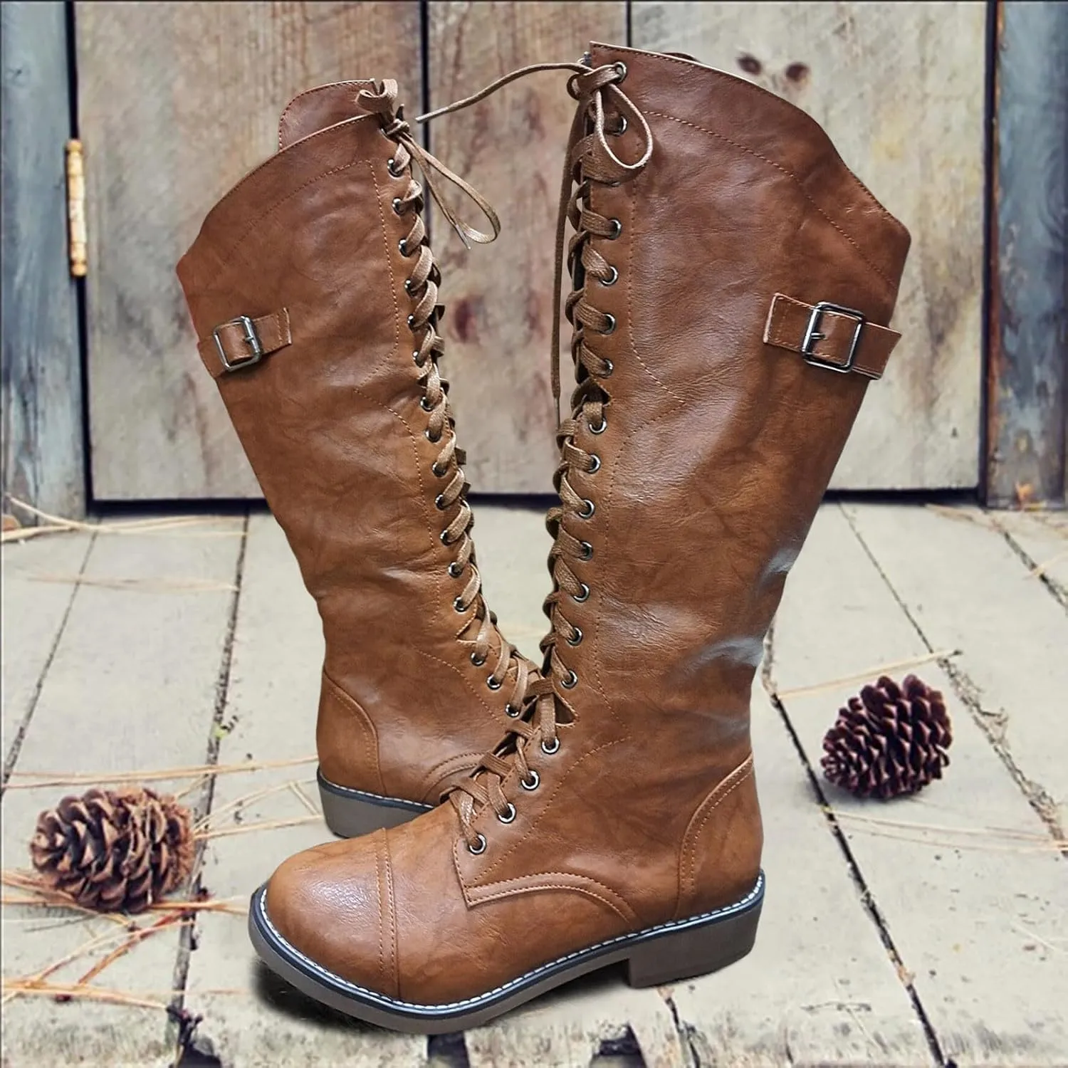 Womens Knee High Chunky Heel Boots Faux Suede Round Toe Side Zipper Boots Western Chunky Cowboy Knee High Side Zipper Pull