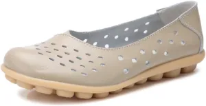Women's Leather Flats Shoes Slip-Ons Casual Walking Driving Loafers Breathable Cutout