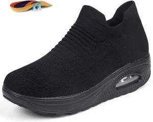 Women's Mesh Walking Air Cushion Sock Sneakers Casual Orthopedic Platform Wedge Nurse Slip-ons Loafers Light Arch Support Toning Rocker Shoes