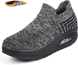 Women's Mesh Walking Air Cushion Sock Sneakers Casual Orthopedic Platform Wedge Nurse Slip-ons Loafers Light Arch Support Toning Rocker Shoes