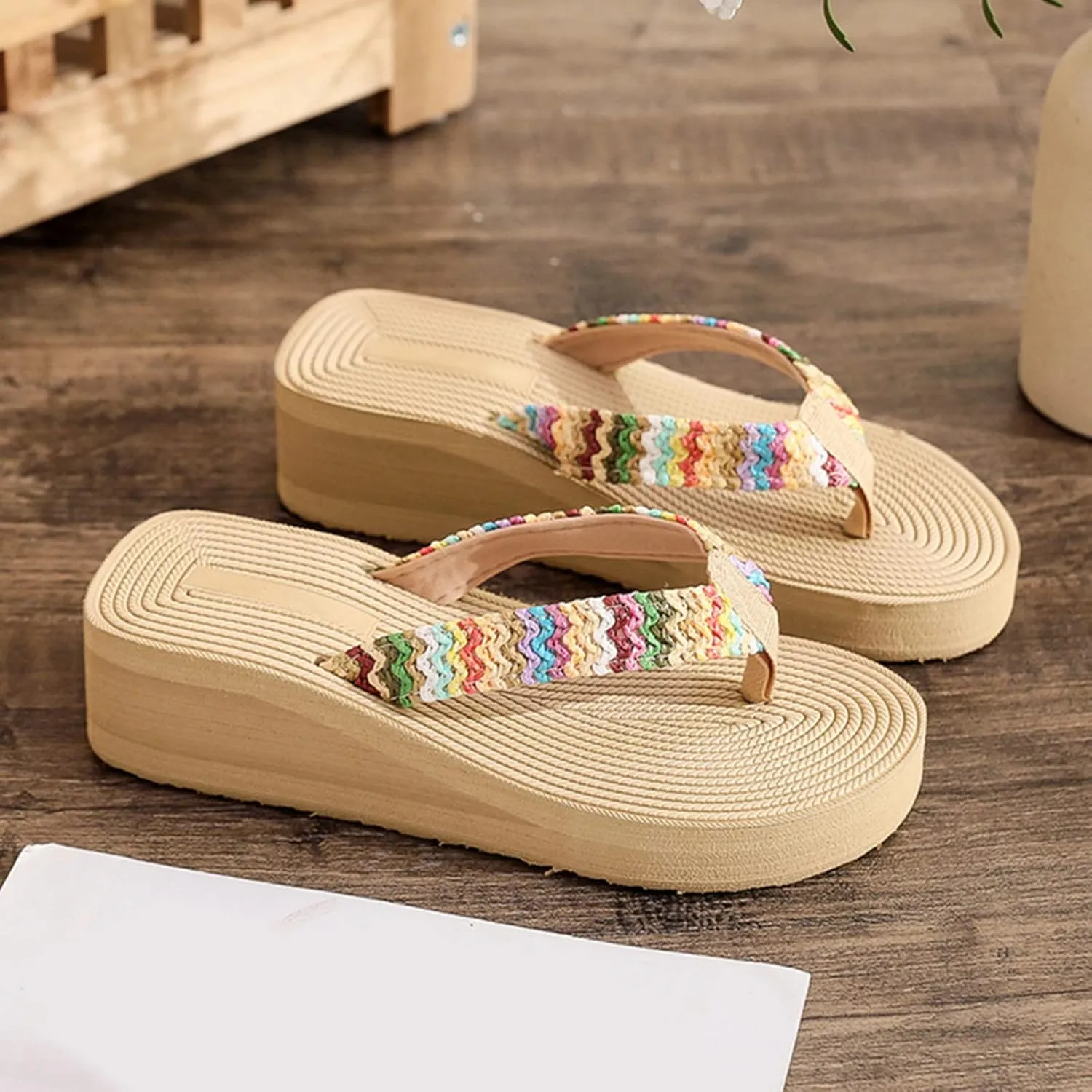 Womens Platform Flip Flops Women Flip Flop Summer Wedge FILP Flop Sandals Beach Sandals Fashion Comfortable Simple Flip Flop (Beige, 8)