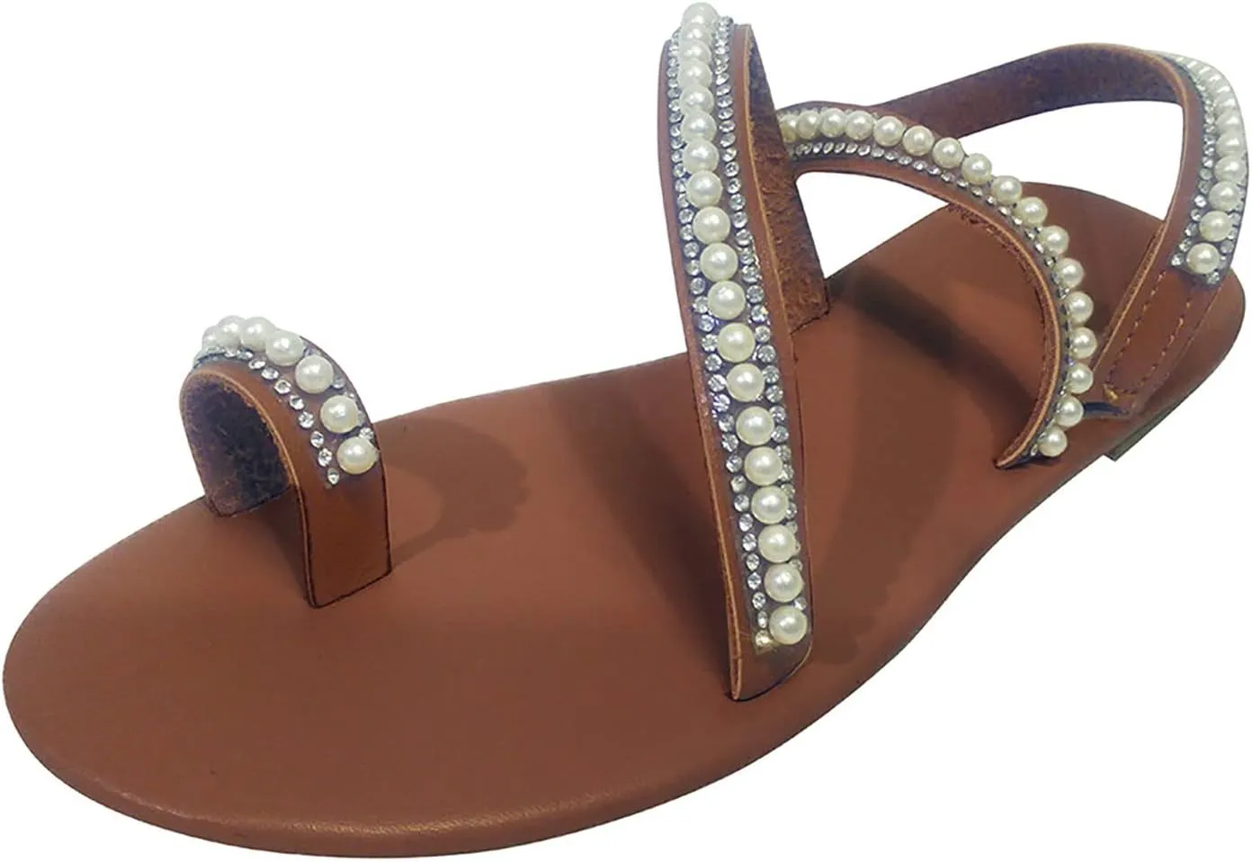 Women's Ring Toe Rhinestone Sandals for Women Glitter Sparkly Flat Open Slide Dressy Shoes Summer Pearl Strappy Beach Beaded Thong Slides Outdoor Boho Sexy Cute Wedding Shoe for Oceanside Holiday