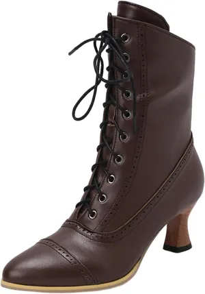 Womens Short Ankle Boots Lace Up for Women Side Zipper Victorian Booties Closed Toe Block Chunky Mid Heel Shoes