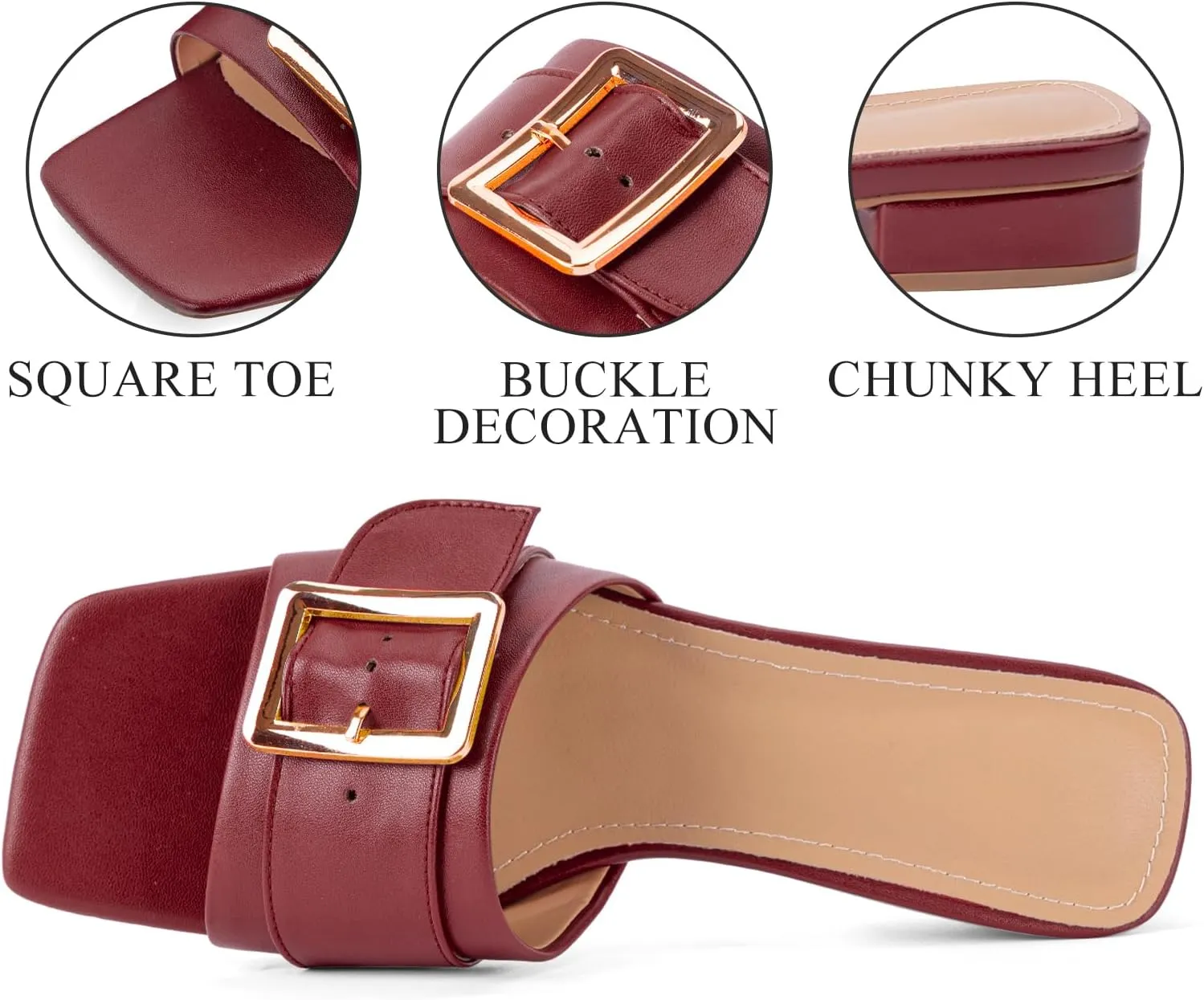 Women's Slide Heeled Sandals Opened Square Toe Chunky Block Heel Slippers with Buckle Slip on Casual Comfortable Pumps
