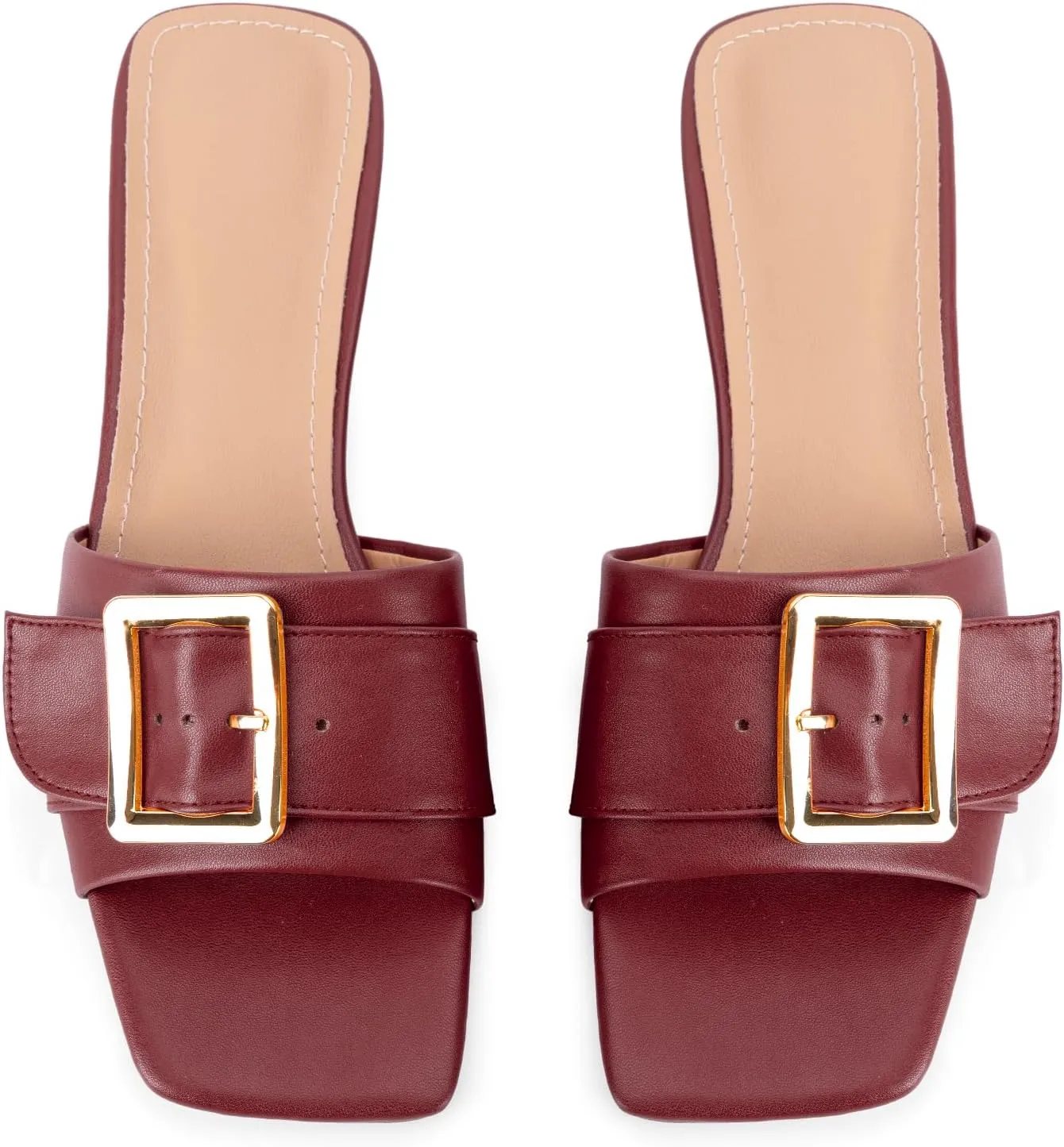 Women's Slide Heeled Sandals Opened Square Toe Chunky Block Heel Slippers with Buckle Slip on Casual Comfortable Pumps