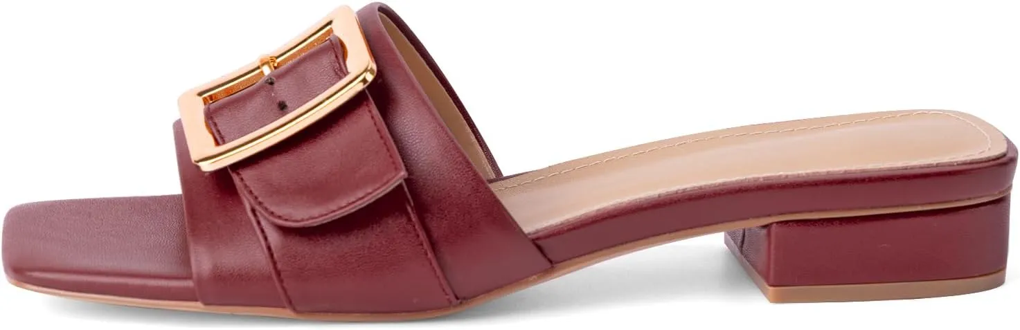 Women's Slide Heeled Sandals Opened Square Toe Chunky Block Heel Slippers with Buckle Slip on Casual Comfortable Pumps