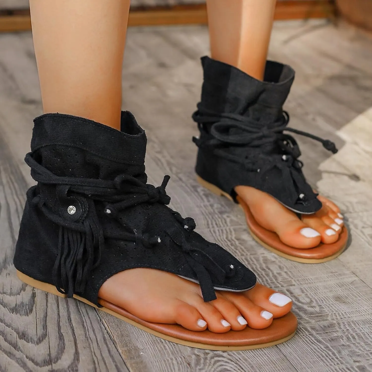 Women's Tassel Gladiator Flip Flops Sandals,Summer Retro Bohemian T-Strap Roman Open-Toe Sandals Casual Beach Flat Clip Toe Ankle Boots