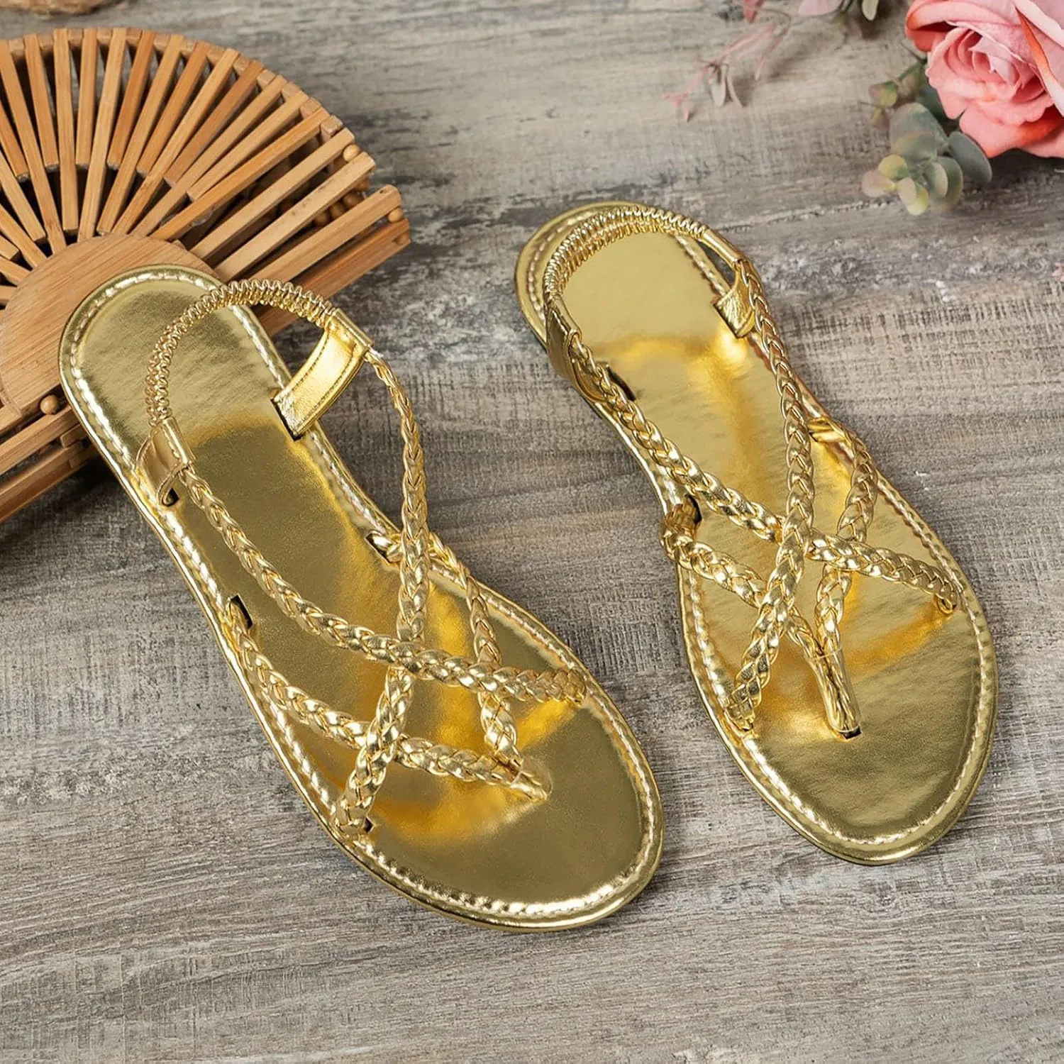 Women's Vacation Beach Strappy Beach Shoes Sandals Flat Shoes Dressy Flip Flops Women Gold Sandals For Women