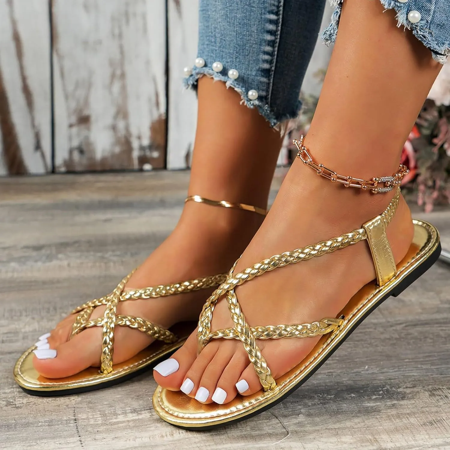 Women's Vacation Beach Strappy Beach Shoes Sandals Flat Shoes Dressy Flip Flops Women Gold Sandals For Women